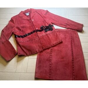 August Silk Logic Red Jacket & Skirt Genuine Suede Women's Size 8 & 6 Scotty Dog